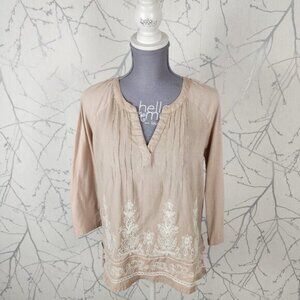 Verve Ami Beige White Floral Embroidered Pintuck Peasant Blouse